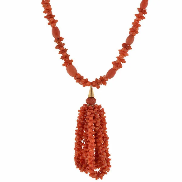 women’s layering pearl necklaces-Victorian Natural Carved Coral Beaded Tassel Necklace