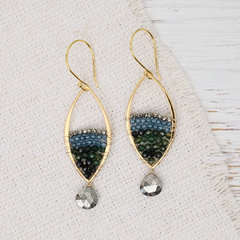 women’s modern hoop drop earrings-Gold Marquise Pyrite Green Tourmaline Earrings