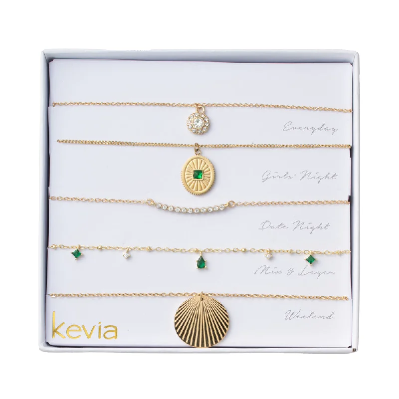 women’s modern pendant necklaces-Textured Gold Charm & Green Stone Necklace Set