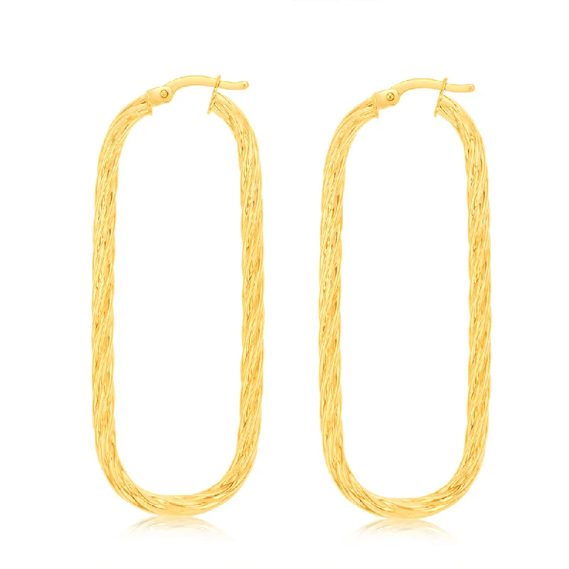 women’s chic gemstone drop earrings-9ct Yellow Gold Twisted Elongated Hoop Earrings