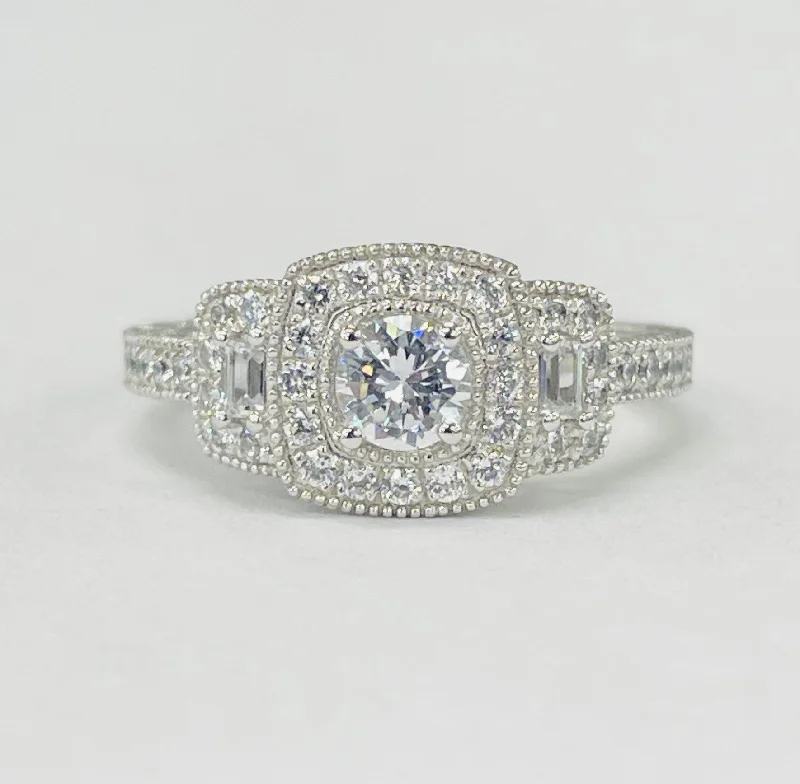 affordable engagement rings with diamonds-Romance - Vintage Inspired Three Stone Sqaure Halo Diamond Setting