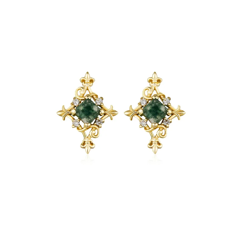 women’s sterling silver stud earrings-Vine Diamond Moss Agate Studs (Yellow Gold)