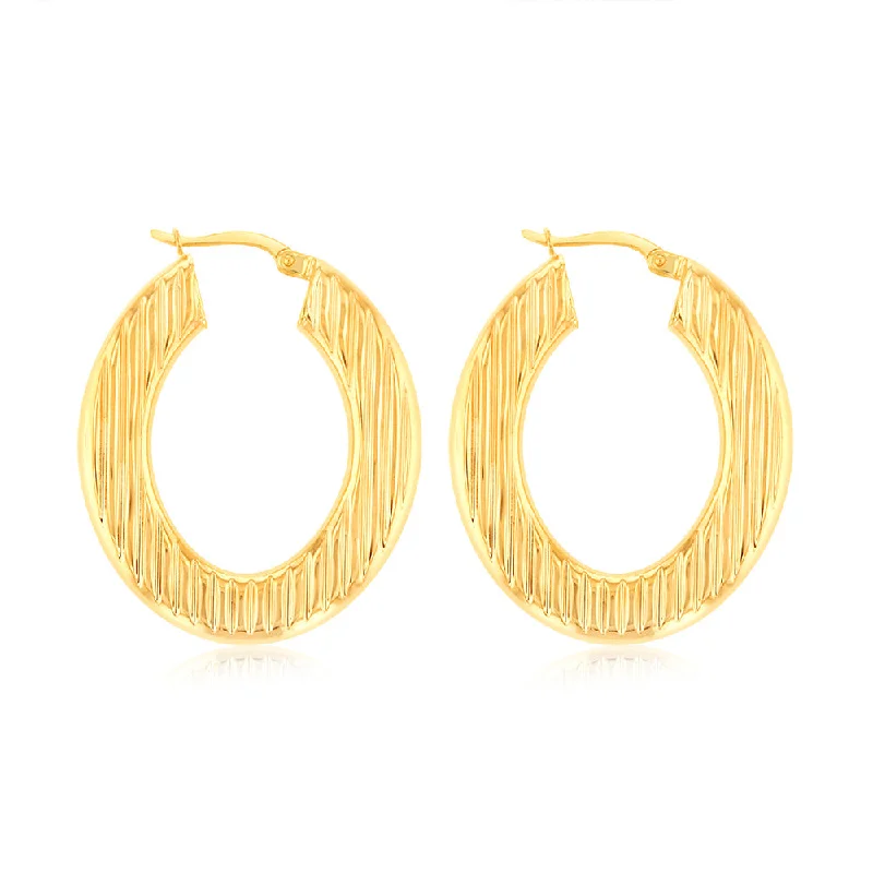 women’s perfect hoop earrings-9ct Yellow Gold Double Side Textured Oval Hoop Earrings