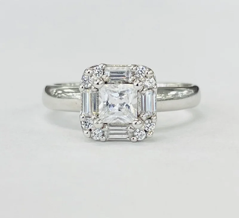 square diamond engagement rings-Romance - Baghuette And Round Solitare Halo Diamond Setting