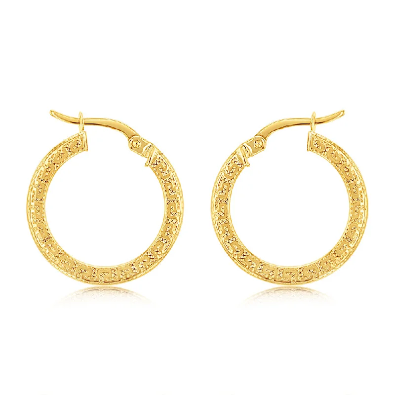 women’s diamond hoop earrings-9ct Yellow Gold Greek Key 15mm Hoop Earrings