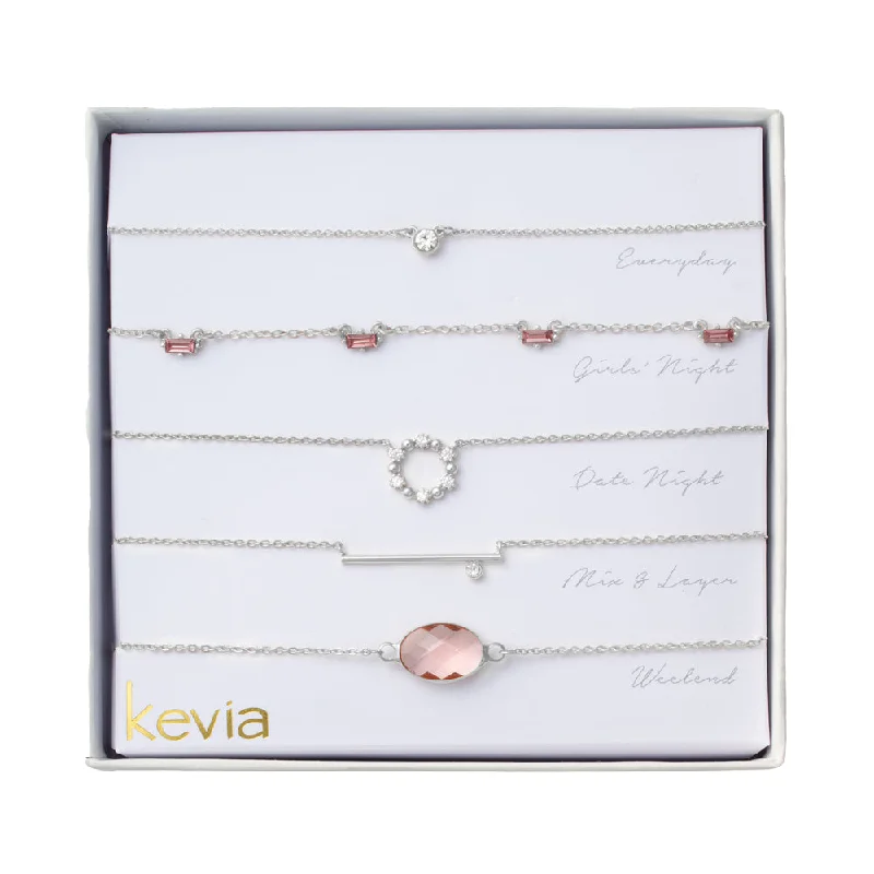 women’s chic gemstone necklaces-Faceted Pink Stone & Silver Necklace Set