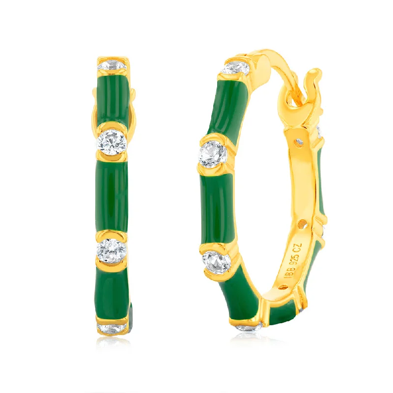 women’s exclusive gemstone earrings-Sterling Silver Gold Plated Green Enamel And Zirconia 20mm Hoop Earrings