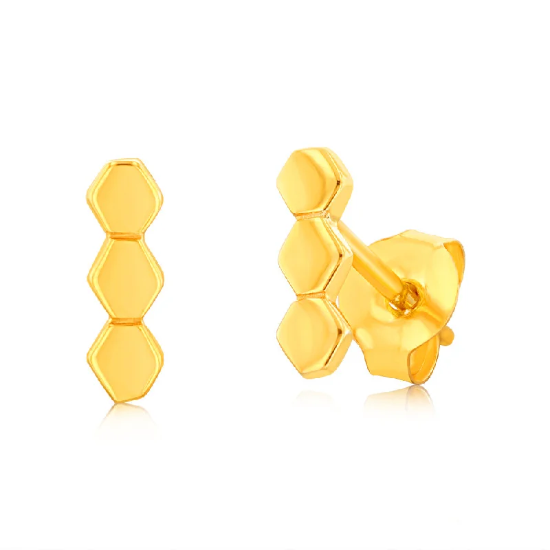 women’s unique gemstone hoop earrings-Sterling Silver Gold Plated Triple Hexagon Stud Earrings