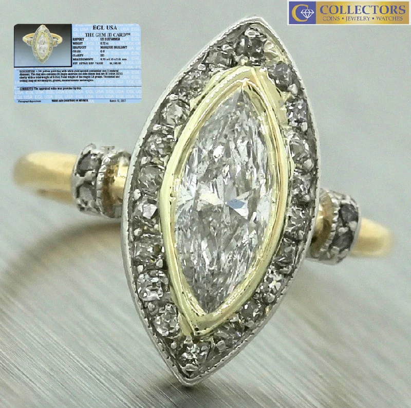 stunning solitaire rings for engagement-Antique Art Deco 1920s Estate 0.93ctw Marquise Damond 18K Gold Ring EGL USA