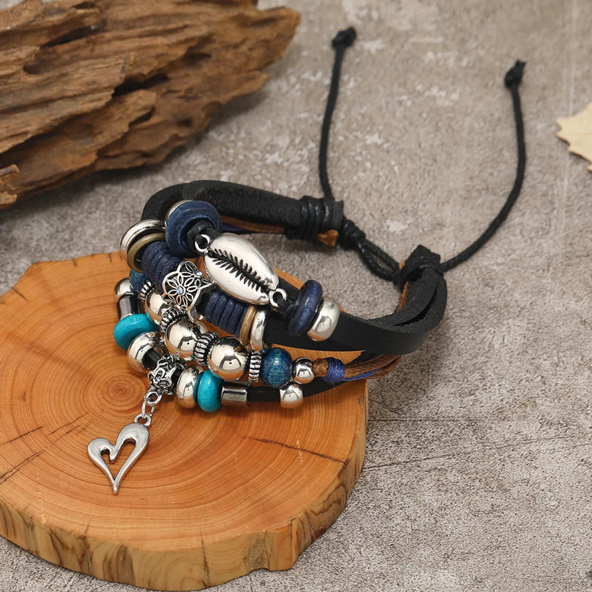 women’s bridal sets with matching rings-Casual Heart Shape Pu Leather Alloy Wooden Beads Beaded Knitting Men's Drawstring Bracelets