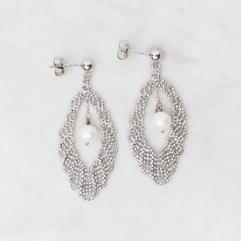 women’s double-layer earrings-Sterling Lace Oval with Pearl Earrings