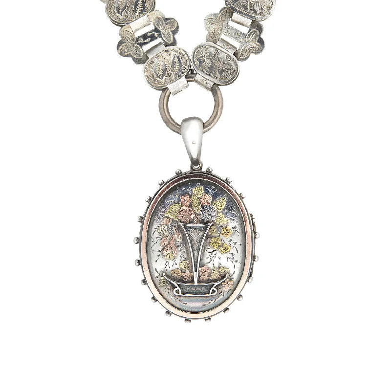 women’s layered diamond necklaces-Victorian Sterling Mixed Metals Flower Locket + Book Chain Necklace