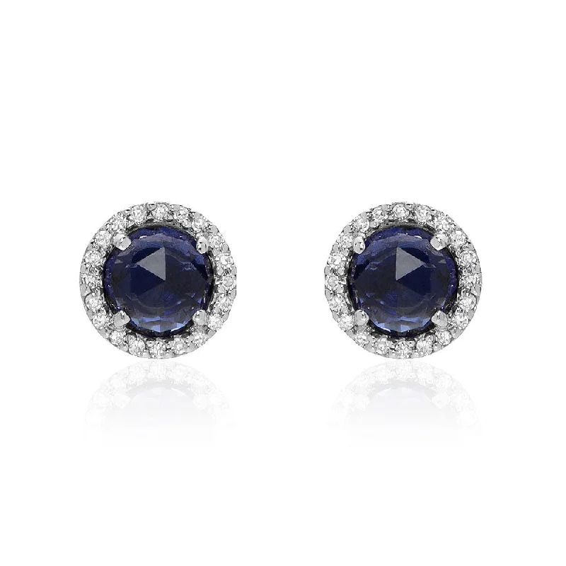 women’s perfect stud earrings-14k White Gold Rose Cut Blue Corundum with Diamond Halo Post Earrings