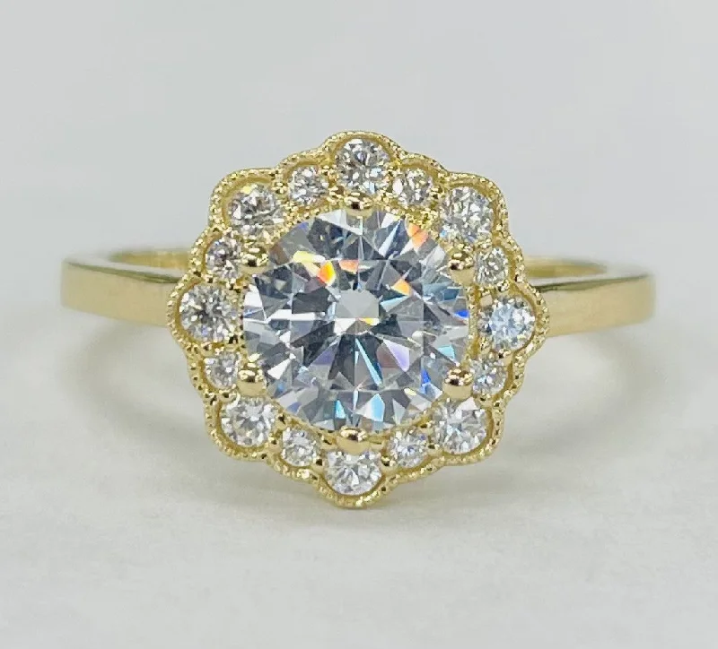 elegant engagement rings with rubies-Noam Carver - Vintage Insipred Floral Yellow Gold Halo Diamond Setting