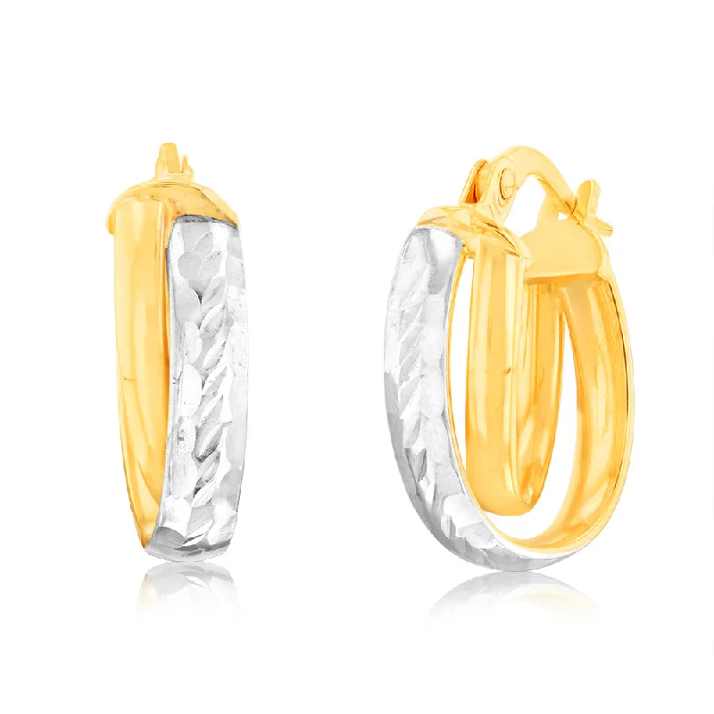 women’s stylish gem earrings-9ct Yellow and White Two-Tone Gold Textured Fancy Elongated Hoop Earrings