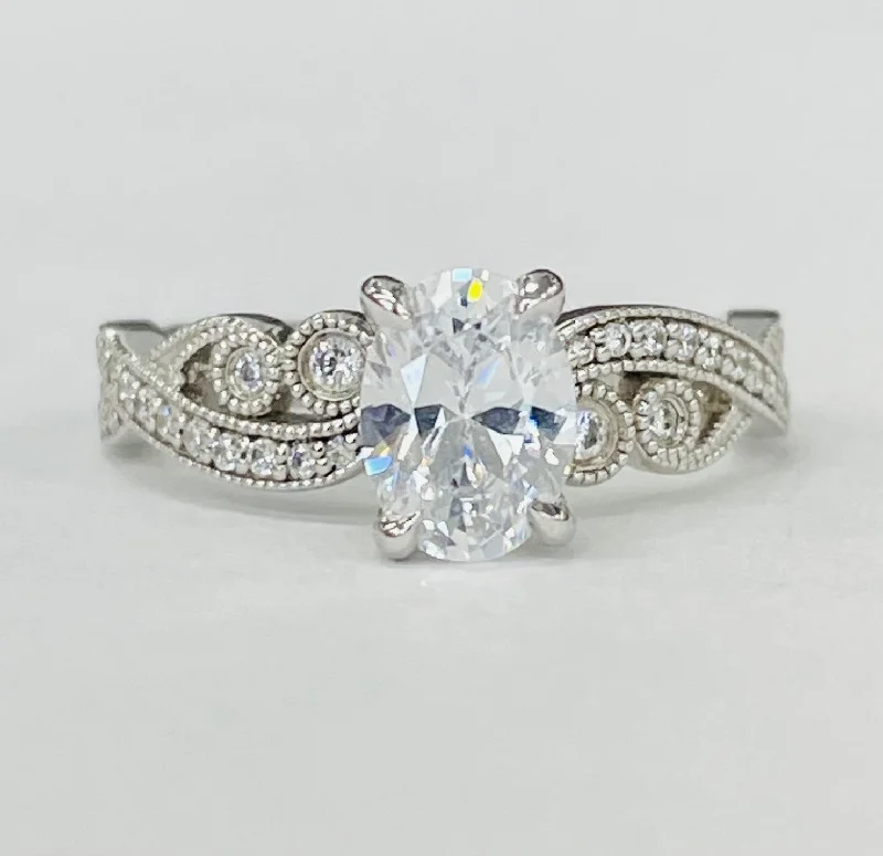 classic three-stone engagement rings-Romance - Vintage Inspired Oval Diamond Setting