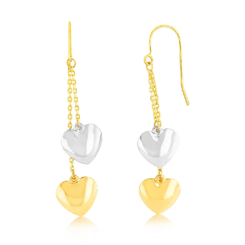 women’s bold drop earrings-9ct Yellow And White Two-Tone Gold Heart Drop Hook Earrings