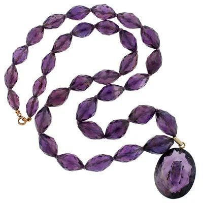 women’s moon pendant necklaces-Late Victorian Sterling Carved Amethyst Pendant & Beads