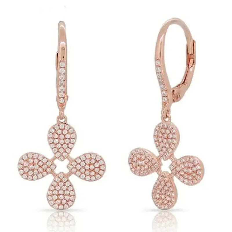 women’s luxurious hoop diamond earrings-Rose Gold Diamond Clover Drop Earrings