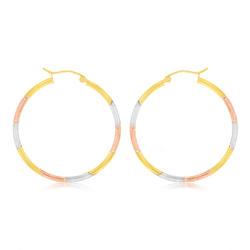 women’s multi-layer earrings-9ct Yellow Rose And White Gold Tri Colour  Super Light Diamond Cut Tube Hoop Earrings