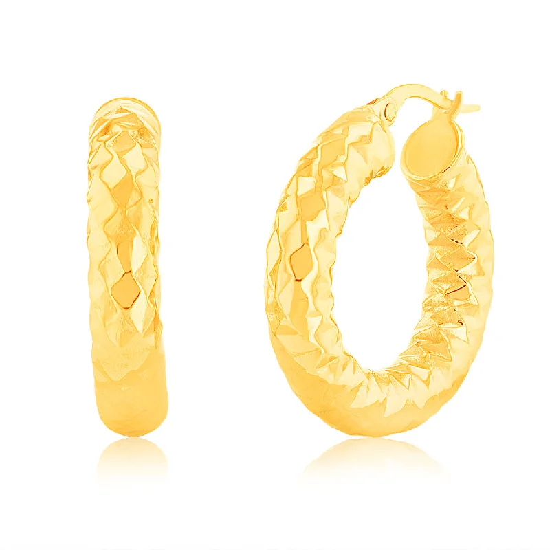 women’s diamond earrings-9ct Yellow Gold Patterned 15mm Hoop Earrings