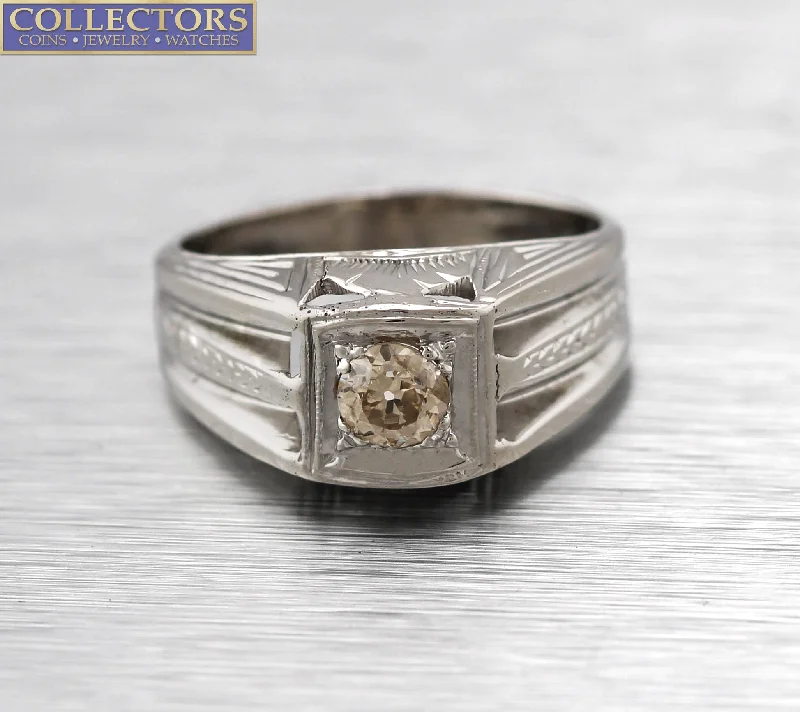 custom-designed engagement rings for brides-Women's Antique Art Deco 18K White Gold 0.25ct Diamond Solitaire Ring