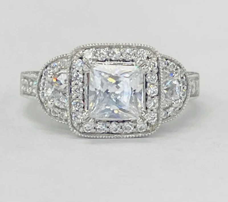 traditional engagement rings with diamonds-Romance - Vintage Inspired Three Stone Halo Pave Diamond Setting