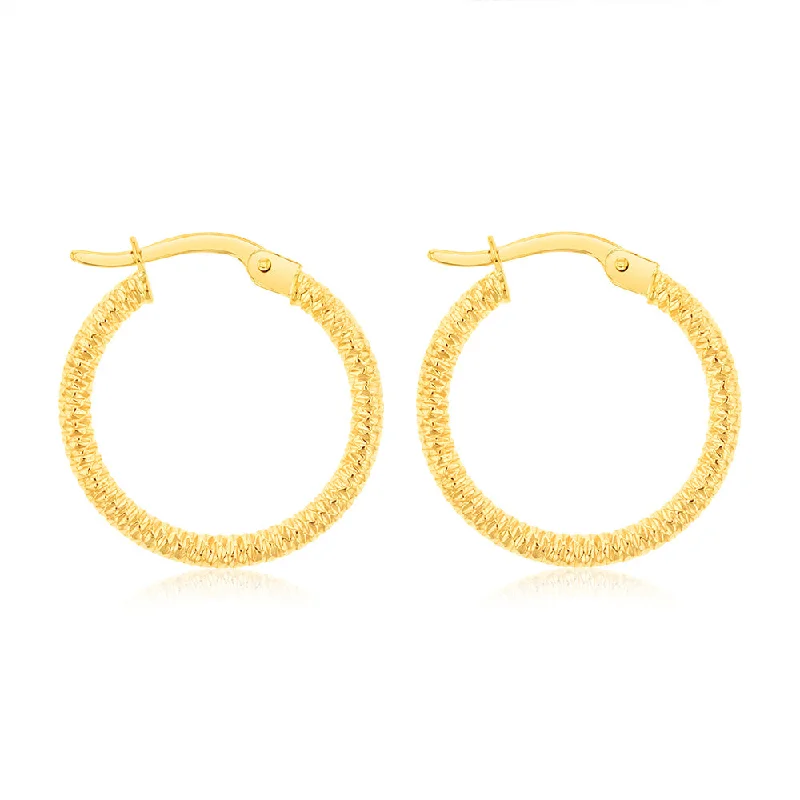 women’s bold silver earrings-9ct Yellow Gold 15mm Textured Hoop Earrings