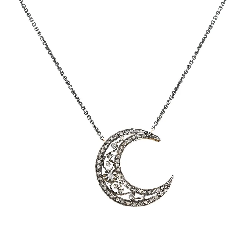 women’s silver necklaces-Victorian Conversion 18kt/Sterling Diamond Crescent Moon Necklace