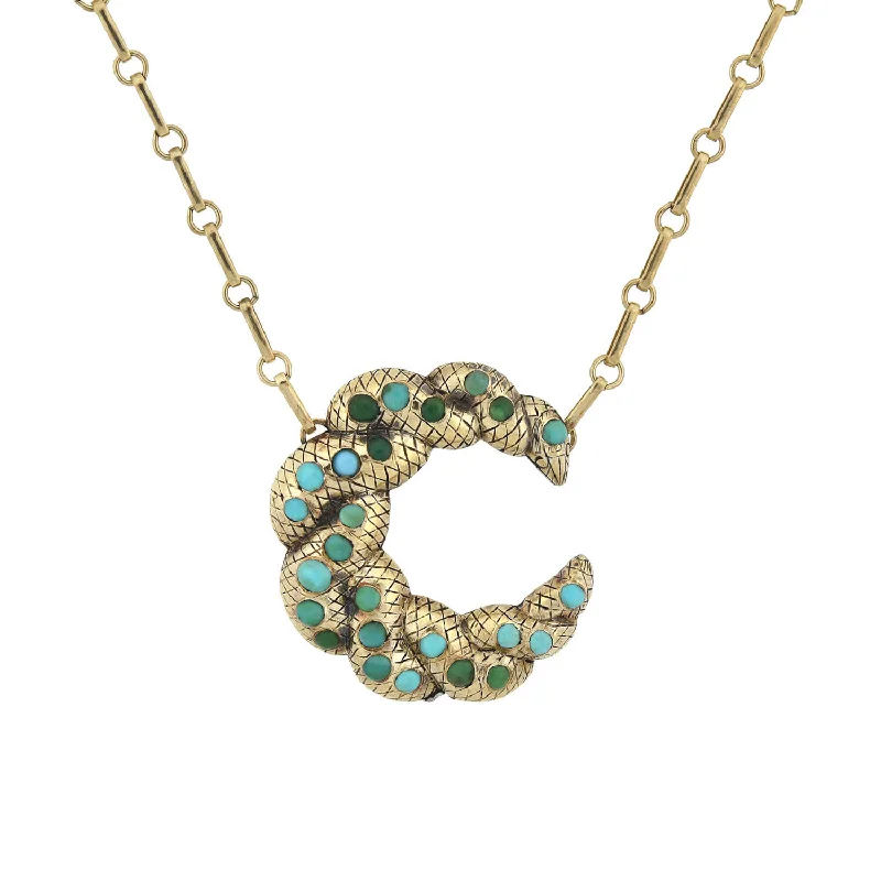 women’s opal necklaces-Victorian Sterling Gilt Turquoise Crescent Pendant Necklace 16"