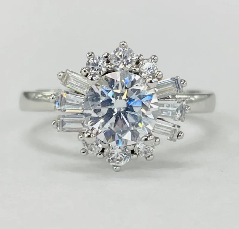 vintage inspired engagement rings for women-Romance - Elegant Baghuette And Round Halo Setting