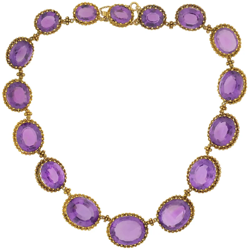 women’s layered gold necklaces-Victorian Large 15kt Faceted Amethyst + Cannetille Wirework Link Necklace 14.5"