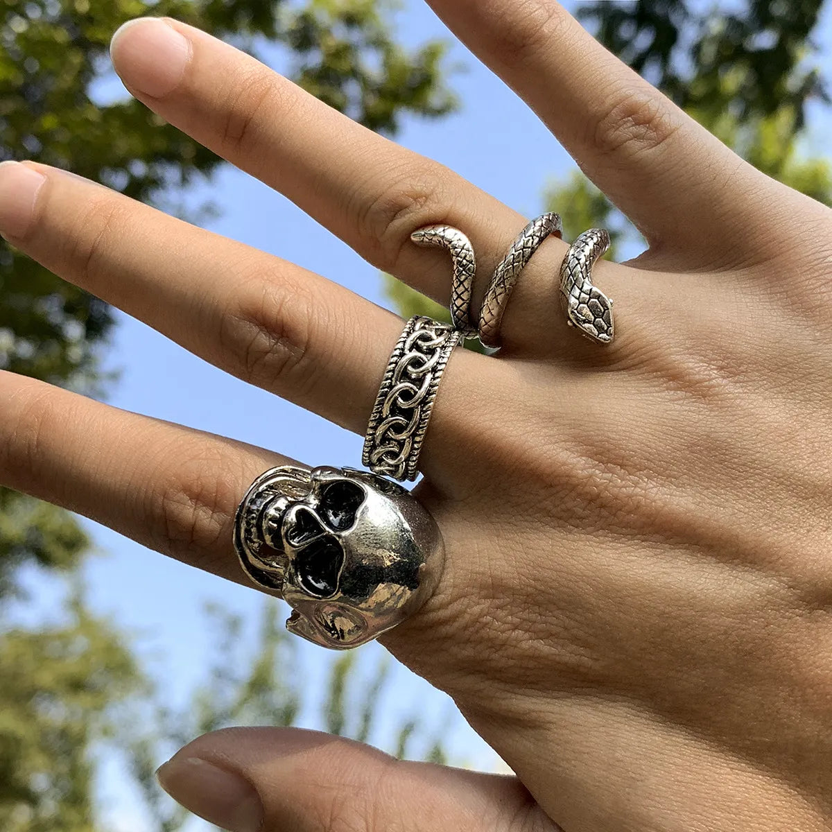 women’s stackable rings with gemstones and diamonds-Punk Snake Skull Alloy Plating Rings 3 Piece Set