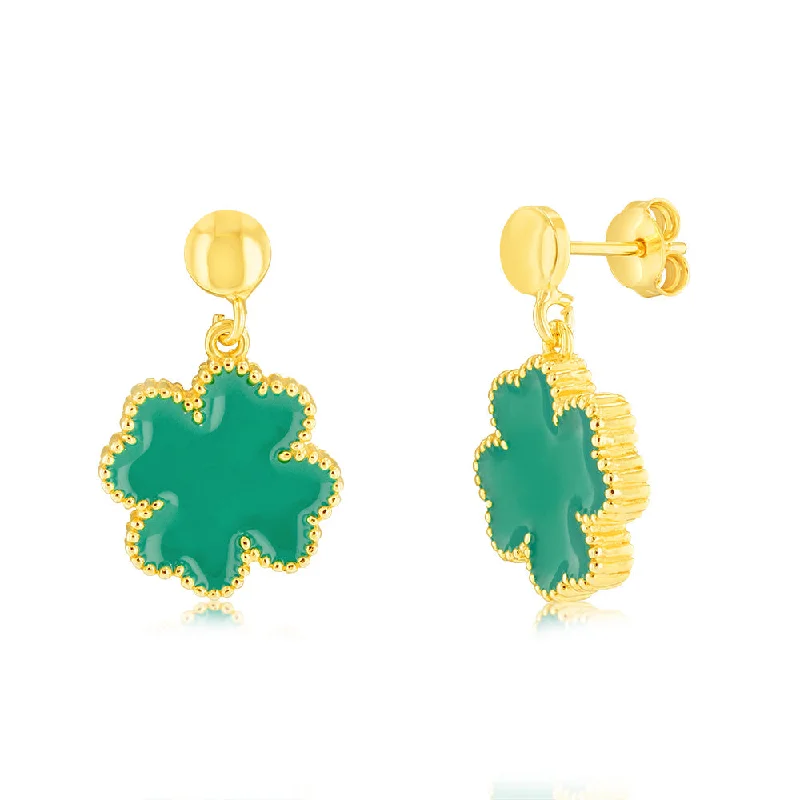 women’s large crystal drop earrings-Sterling Silver Gold Plated Green Four Leaf Enamel Flower Drop Earrings