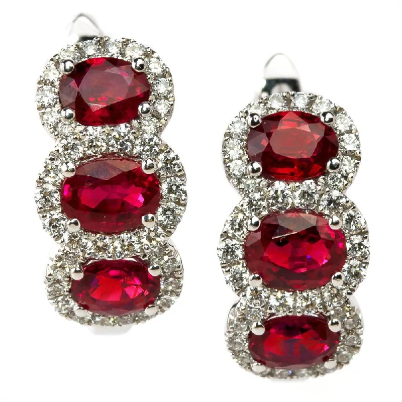 women’s sparkling hoop earrings-Ruby & Diamond Halo Three Stone Huggy Hoop Earrings