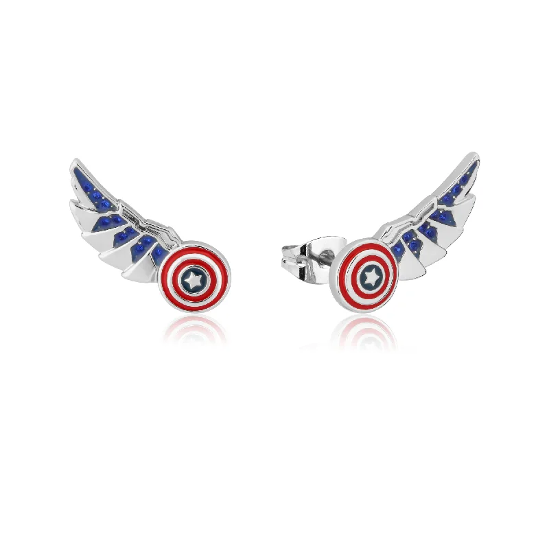 women’s gold clip-on earrings-Disney Stainless Steel 14ct White Gold Plated Captain America Wing Stud Earrings