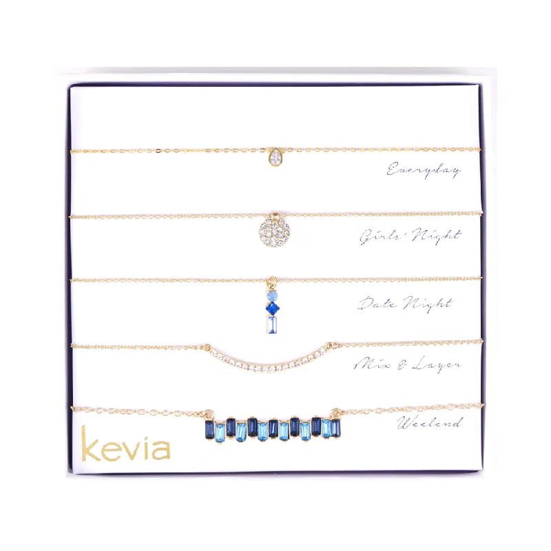 women’s crystal drop necklaces-Two-Tone Blue Pave Pendant Necklace Set