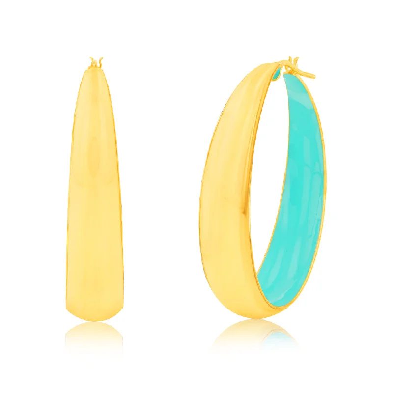 women’s gold hoop earrings-Sterling Silver Gold Plated Aqua Enamel Inside Hoop Earrings