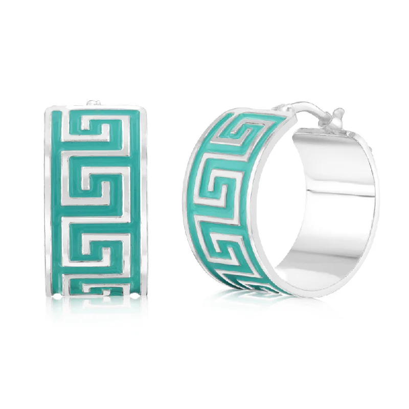 women’s statement jewelry earrings-Sterling Silver Aqua Enamel Greek Key Wide 18mm Hoop Earrings