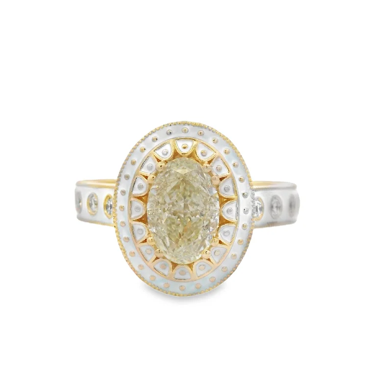 timeless three-stone diamond rings-Noam Carver - Yellow Gold GIA Diamond Halo Enamel Award Winning Ring