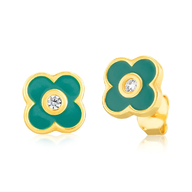 women’s exquisite gemstone earrings-Sterling Silver Gold Plated Zirconia And Green Enamel Flower Stud Earrings