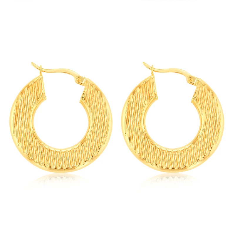 women’s elegant dangling gemstone earrings-9ct Yellow Gold Double Side Texture Round Hoop Earrings