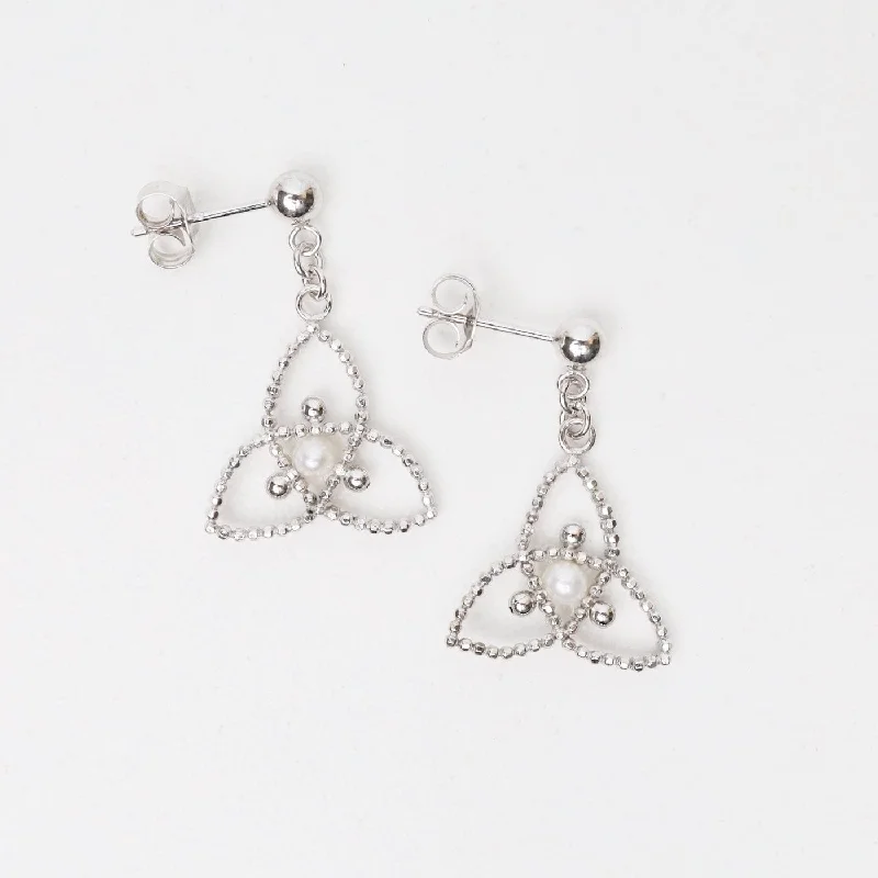 women’s drop-shaped earrings-Sterling Lace Tri-foil with Pearl Earrings