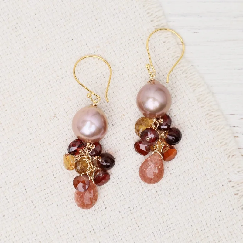 women’s personalized gemstone earrings-Champagne Edison Pearl, Sunstone, Garnet, Citrine Dangle Earrings