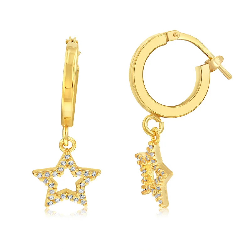 women’s classic drop gemstone earrings-Sterling Silver Yellow Gold Plated Cubic Zirconia Star On Hoop Earrings