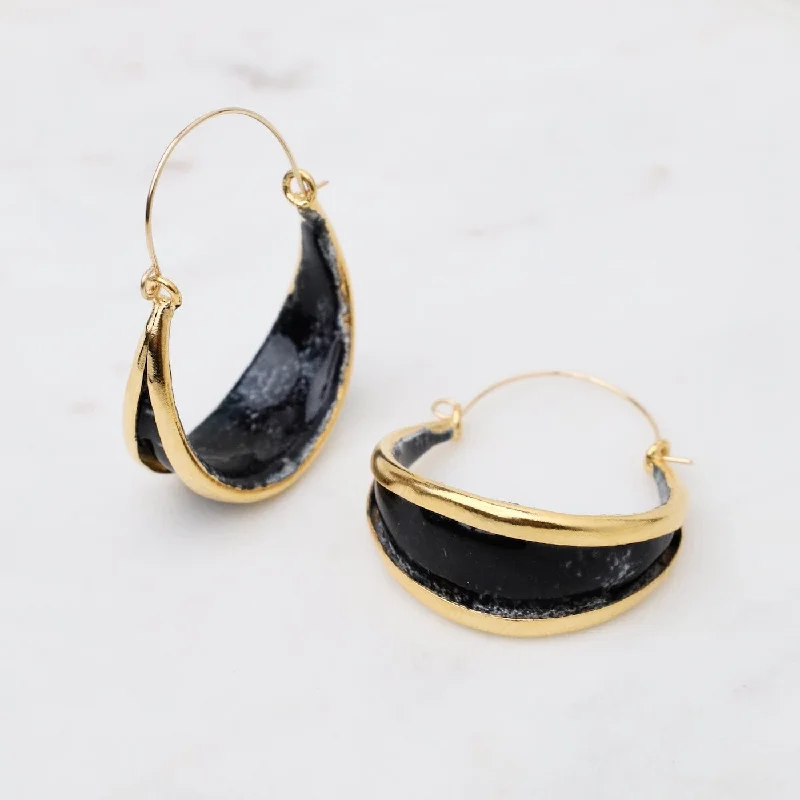 women’s vintage crystal earrings-Boat Hoop Earrings in Black