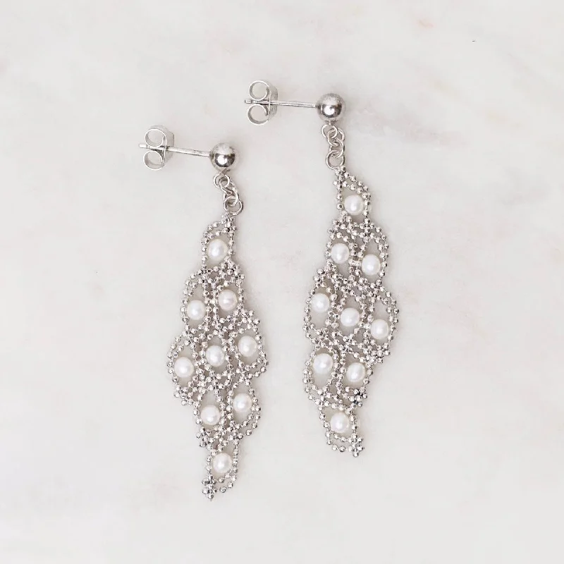 women’s glamorous earrings-Sterling Silver Woven Diamond with Pearls Drop Earrings