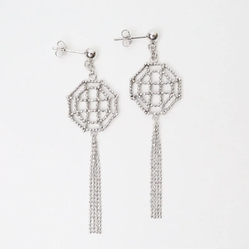 women’s diamond stud earrings-Sterling Silver Woven Open Octagon Window Fringe Earrings