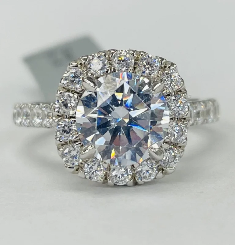 luxurious three-stone diamond rings-Noam Carver - Premium Diamond Halo Accented Setting With Accent Underneath Diamonds