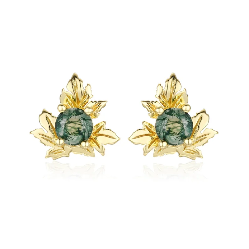 women’s cubic zirconia earrings-Frosted Fern Moss Agate Studs (Yellow Gold)